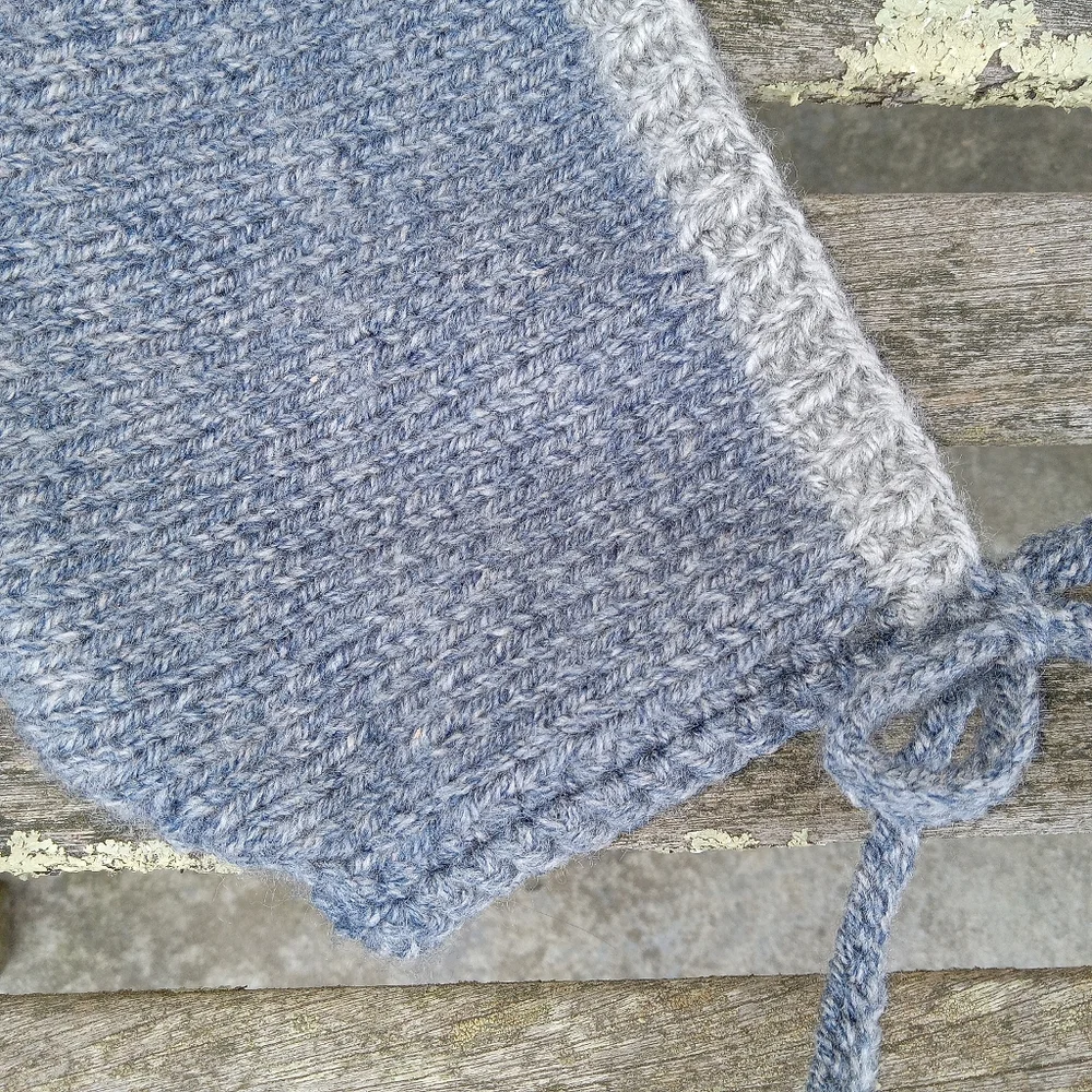 Handknit Baby Boy Winter Blue Denim Tweed Retro 1960s Style Pompom Pixie Hat 12M